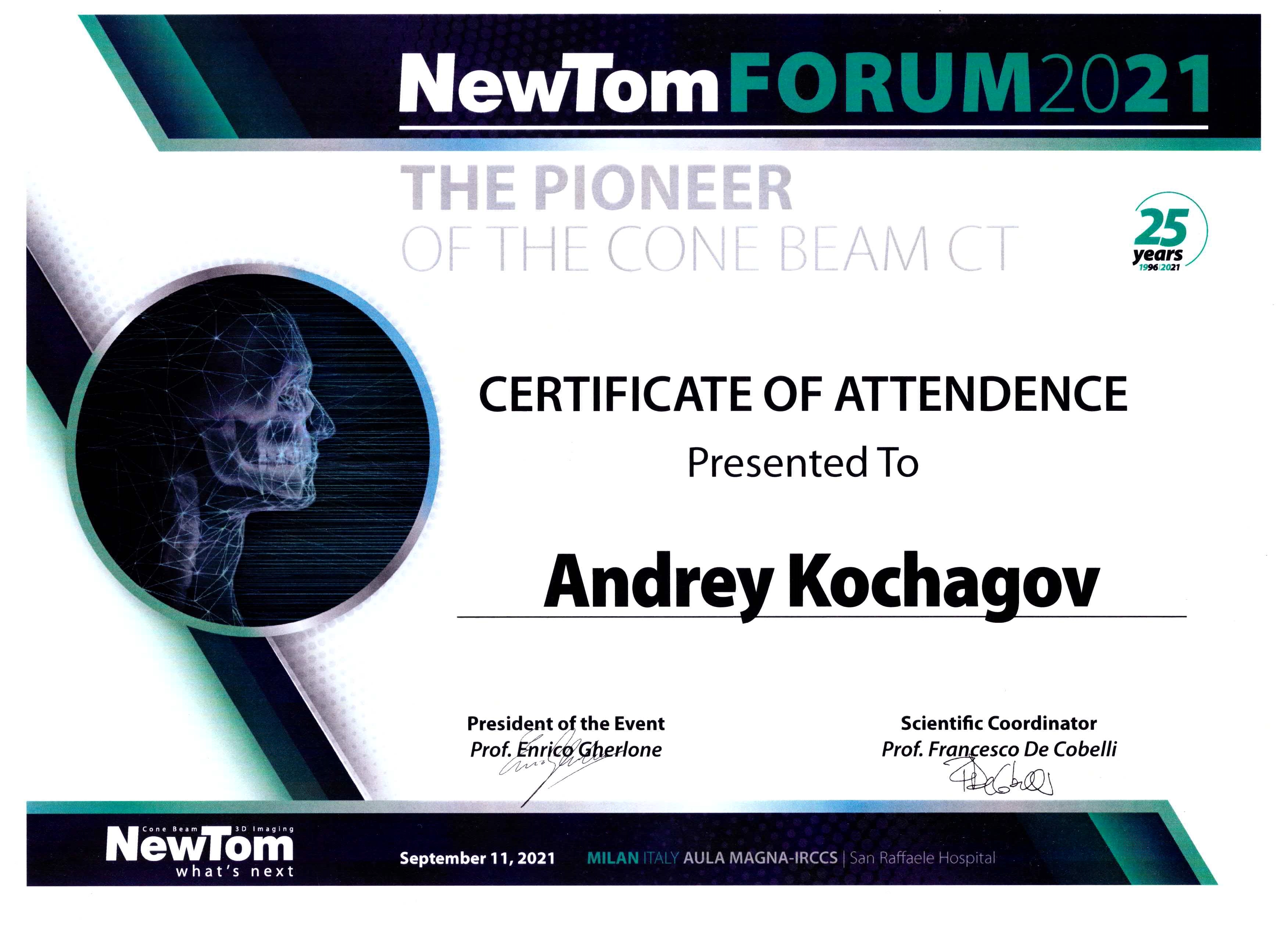 Сертификат подтверждающий участие в форуме Forum NewTom 2021